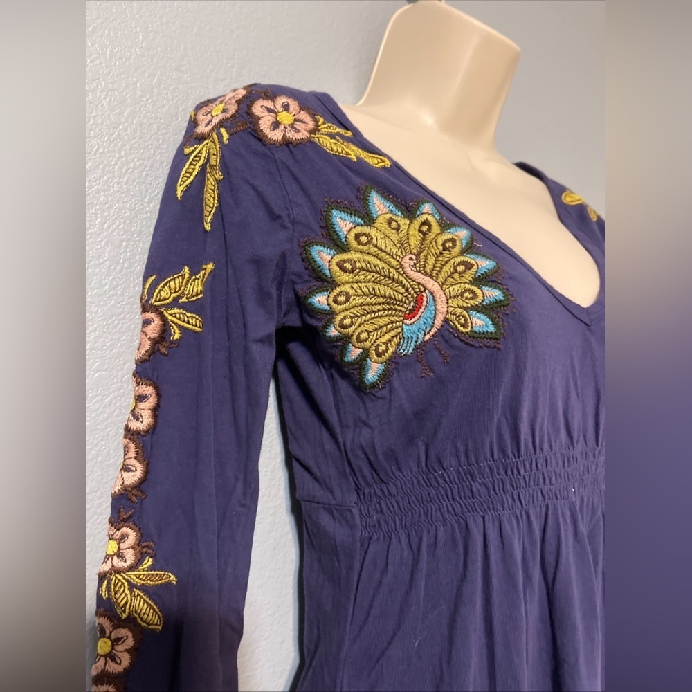 Johnny Was Blue Embroidered Empire Waist Dress Floral Boho Gypsy Festival XS - Picture 3 of 10